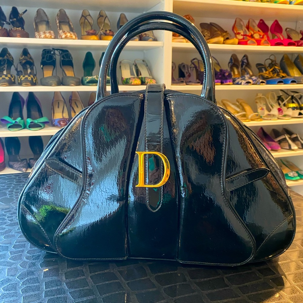 CHRISTIAN DIOR Black Logo Patent Leather Double Saddle Bag Tote RARE